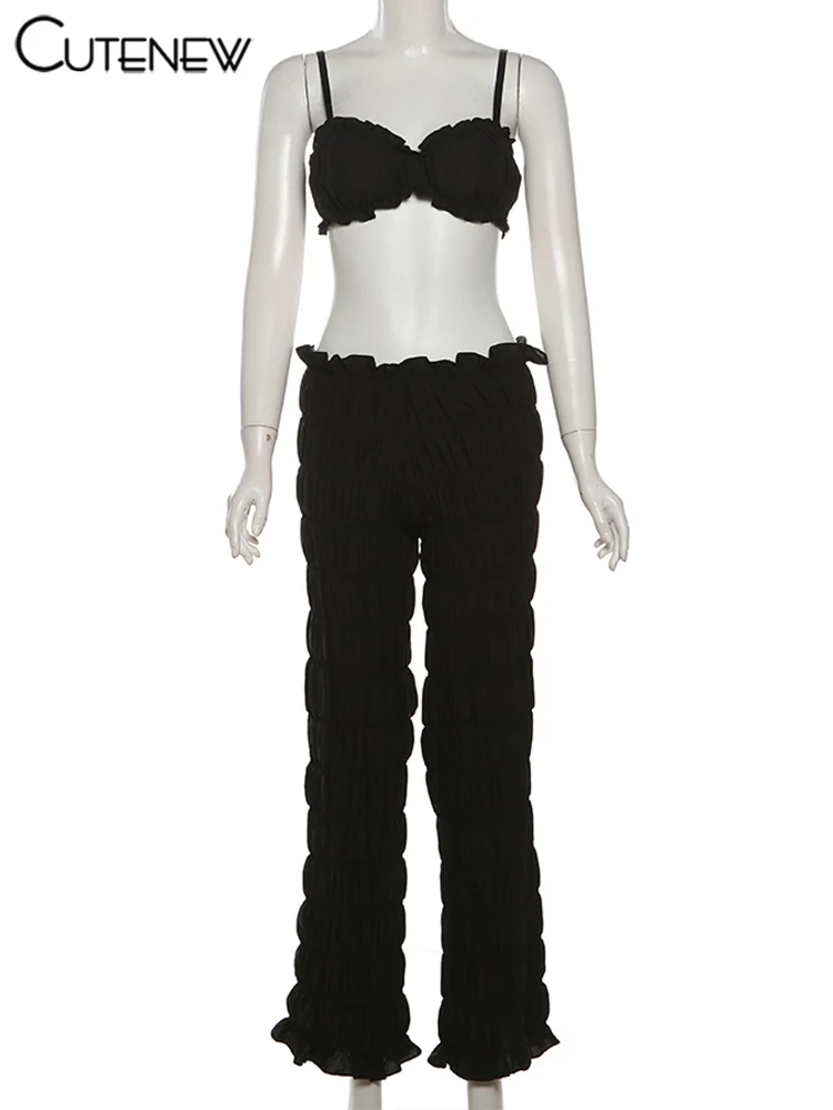 Shirring Trim Women 2 Piece Summer Unique Fashion Solid Crop Camisoles+Elastic Waist Pants Female Matching Sexy Clubwear