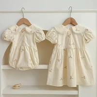 Infant Baby Girls Lace Collar Dress Rompers Sisters Clothes Kids Girls Embroider Flower Princess Dress Family Clothes Rompers 1