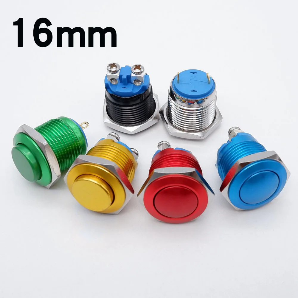 16mm Metal Push Button Switch Self Reset Momentary Screw Terminal Pin Terminal Horn Doorbell Switches Flat High Ball Head Blue