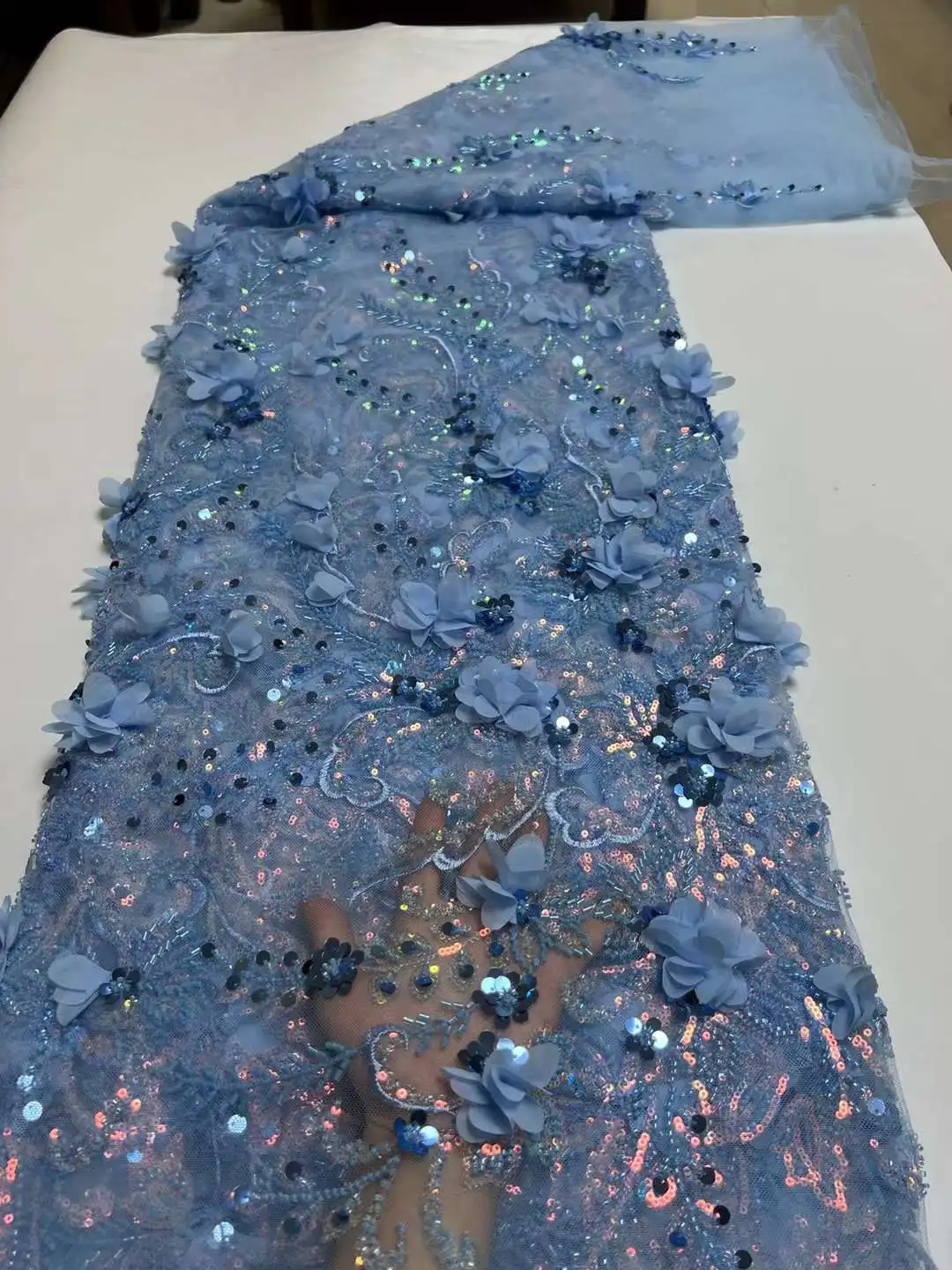 

New Arrival French Popular Embrordered 3D Flower Lace With Beaded Afircan Mesh Fabric Lace With Sequins Party Evening Dress DX52