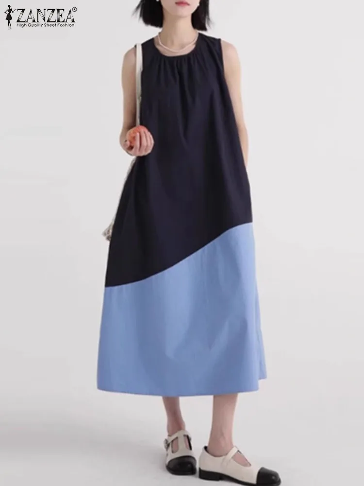 

ZANZEA Oversize Colorblock Vestido Summer Round Neck Sundress Women Sleeveless Patchwork Midi Robe 2024 Korean Casual Tank Dress