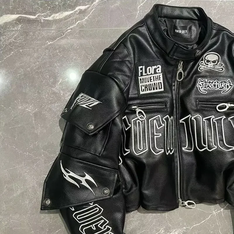 American Letter Embroidered Skull Motorcycle Style PU