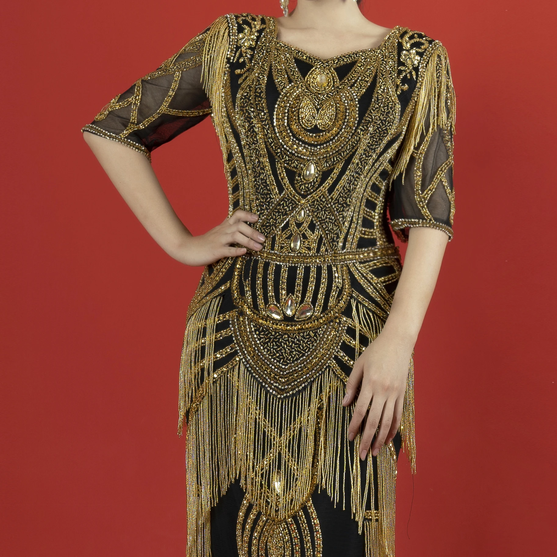 green emerald velvet dress Maxi Fringed Evening Dress Black XXL main image 0