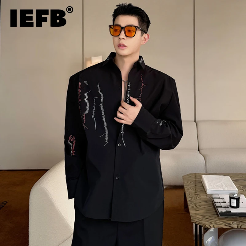 

IEFB Men's Shirts Personalized Colored Line Decoration Turn-down Collar Baggy Male Long Sleeve Shirt Casual Spring New 9C4969