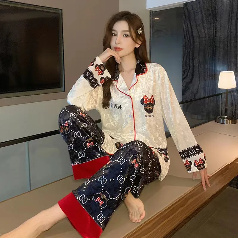 

Осенне-зимняя Новая цветная бархатная Пижама с медведем, Женский комплект, корейские Бархатные брюки для волос, домашняя одежда с круглым вырезом, премиум-чувство