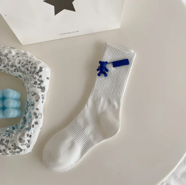 Black and White Pure Color Tube Socks Female Pin Bear Lovely Personality Tide Socks INS Korean Students Long Tube Cotton Socks 8