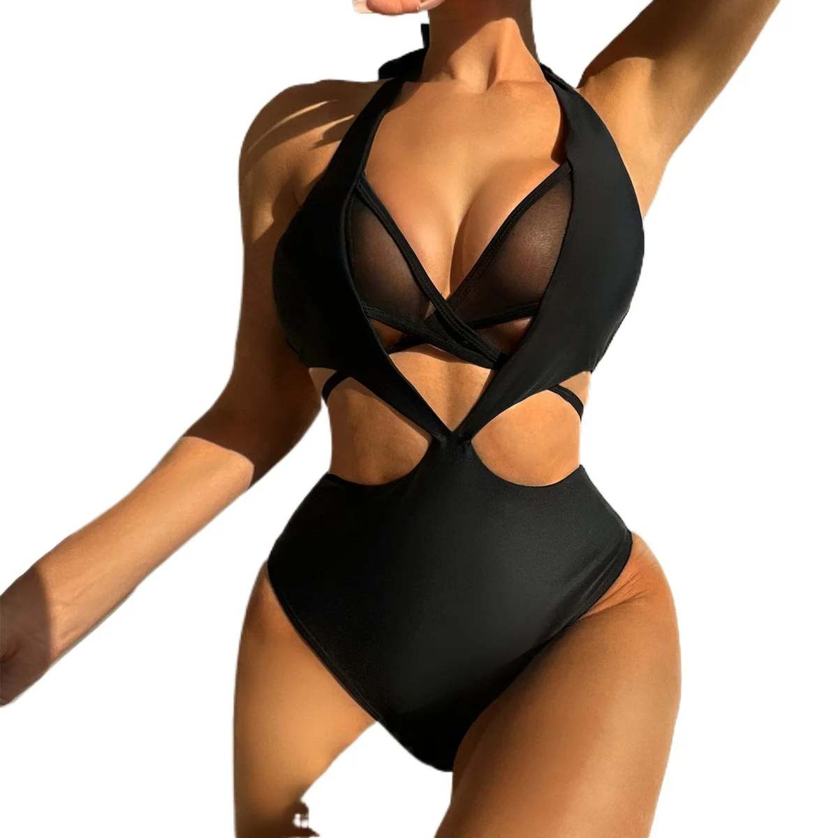 

One-piece Swimsuit Backless V-neck Bikini Cut-out Monokini Solid Bathing Swimwear Women