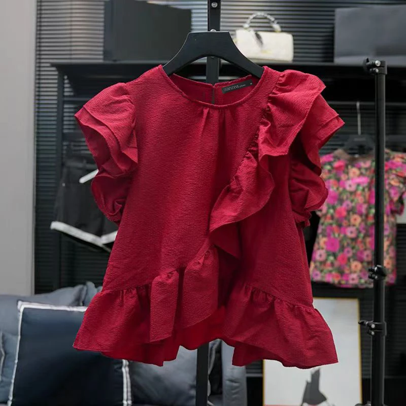 ZANZEA Women Chic Ruffle Blouse Vintage Short Sleeve Peplum Tops Holiday Summer Round Neck Tunic Casual Multilayer Pleated Shirt