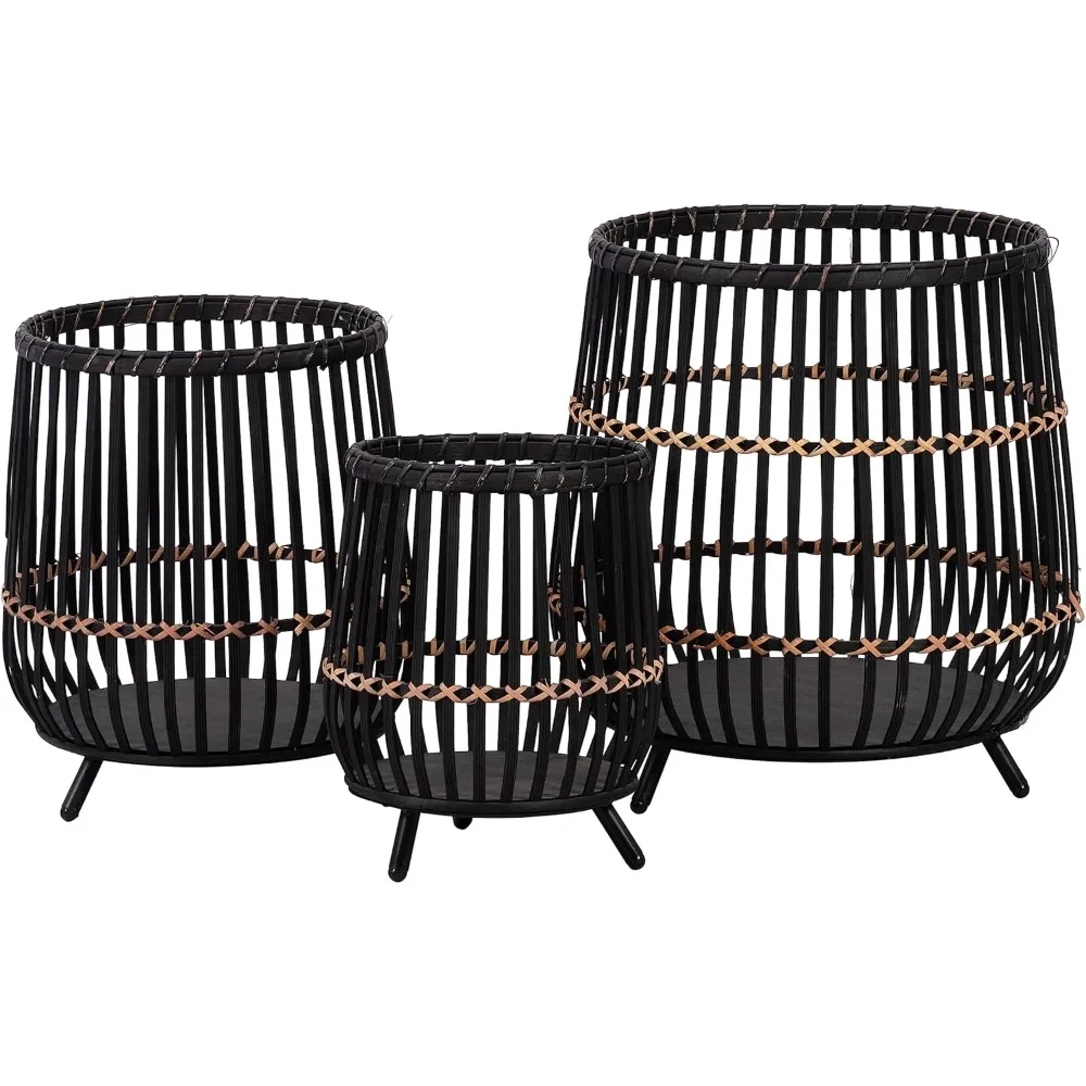 Set of 3 Black Bamboo & Metal Planters – 10", 14", 17" 5