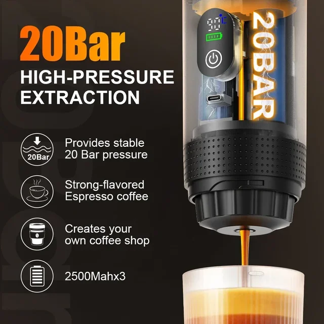 Foombthe Portable Espresso Coffee Machine – Digital Display, 3-in-1 Capsule Coffee Maker for Car, Home & Camping 5
