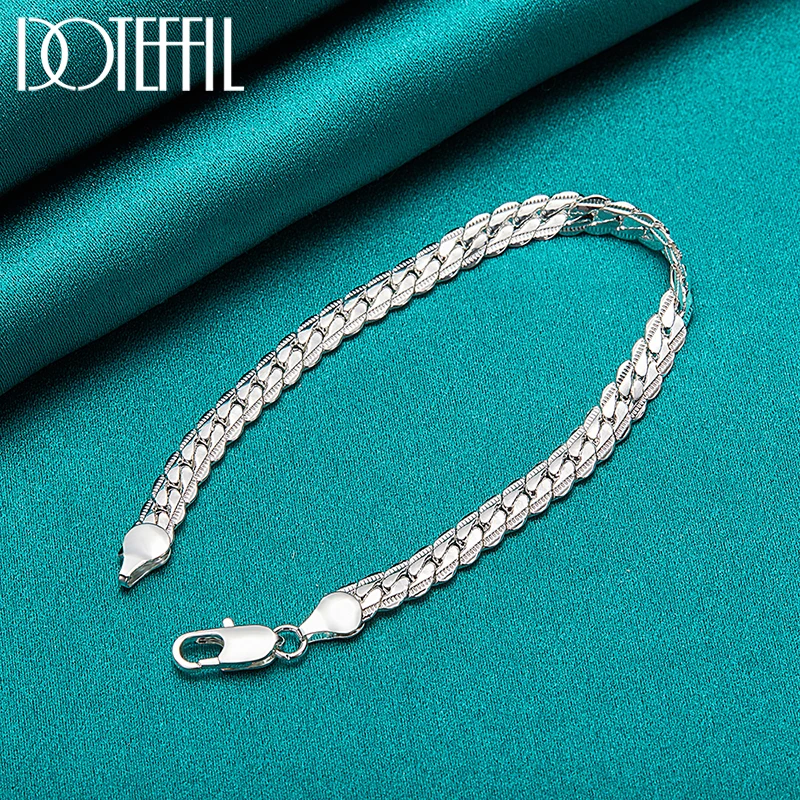 DOTEFFIL 925 Sterling Silver Bracelet 6mm 18/19/20cm Flat Side Chain Lobster Clasp For Woman Man Wedding Engagement Jewelry