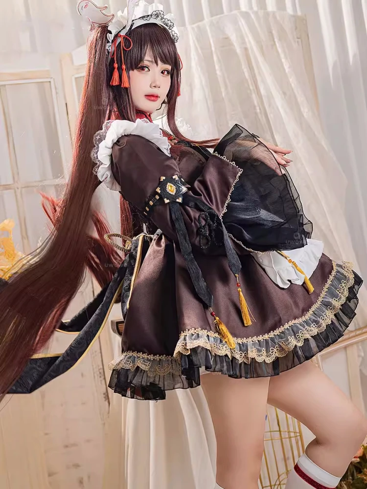 

Hutao Cosplay Suit Game Genshin Impact Anime Women Maid Outfit Apron Dress Costumes Role Play Clothing Halloween Suit Size S-XXL