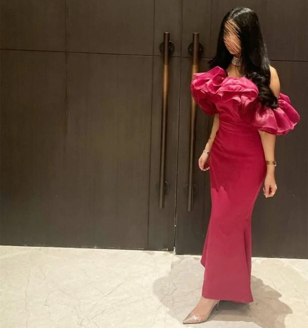 

Vintage Long Organza Off Shoulder Evening Dresses Sheath Crepe فساتين سهرة Pleated Ankle Length Prom Formal Dress for Women