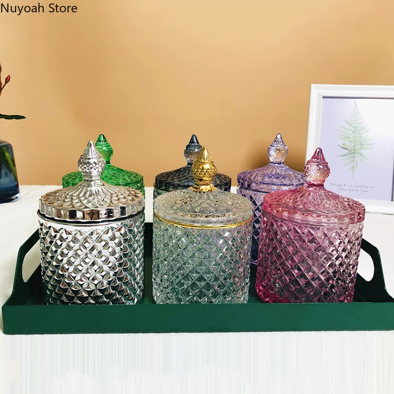 Storage Box Storage Jar Storage Sets Household Storage Sets Crystal Glass Jar European-style Diamond Pattern Candy Storage Box Cotton Swab Box Sealed Jar Living Room Home Furnishings