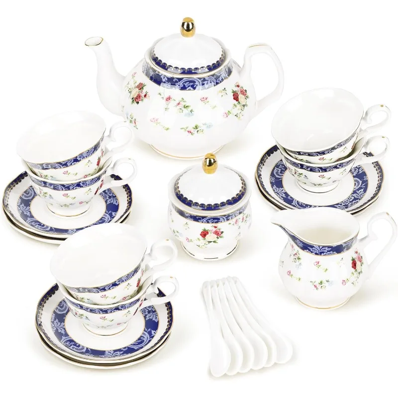Bone China Tea Sets for Adults Porcelain Tea Service with Sugar Bowl & Creamer English Cremic Floral Cups Set of 6