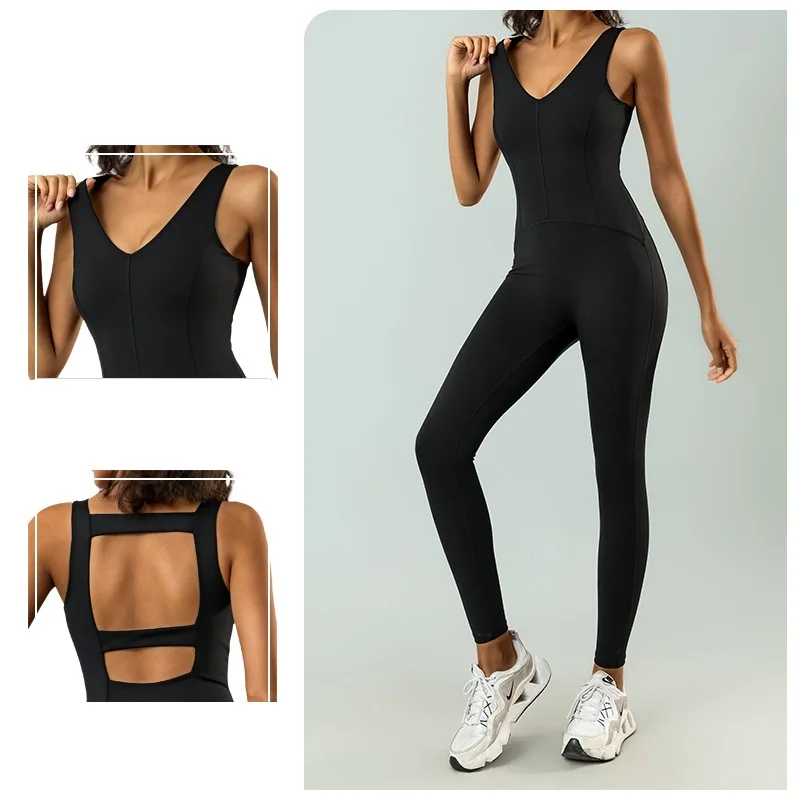 Autumn New Spicy Girl Fashion Sports Style with Chest Cushion Integrated Fitness Sexy Hollow Back Tight Yoga jumpsuit high waist waist women tight up jumpsuit with thin hip lifting tight waist and hip lifting pants buckled peach hip shaping pant