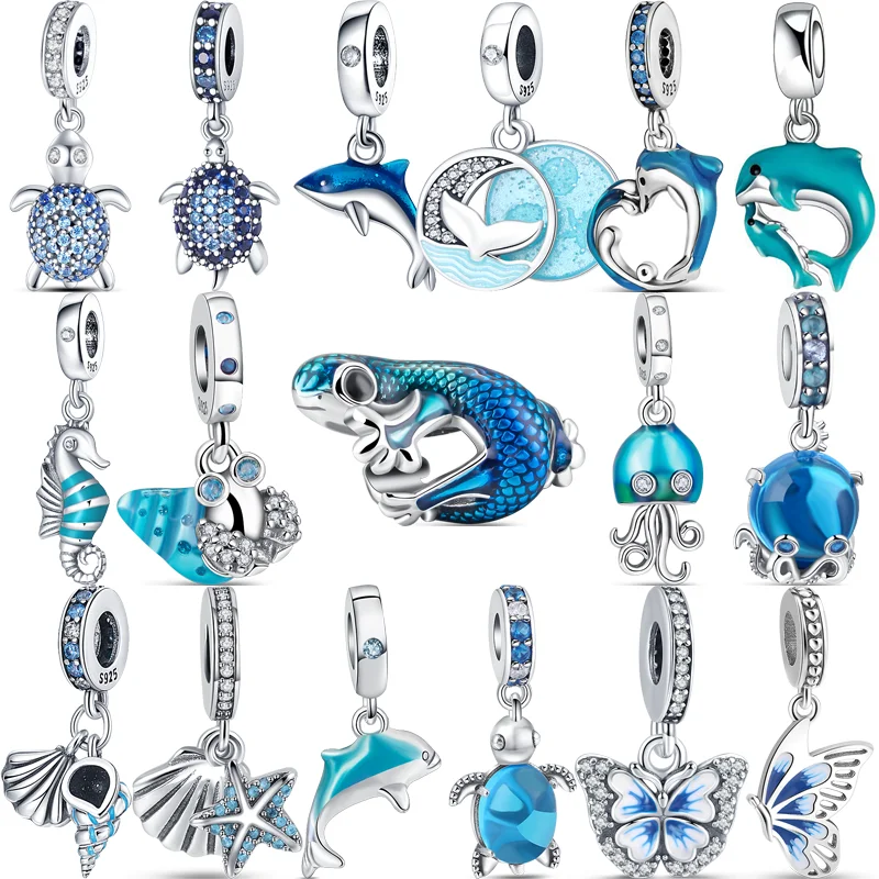 

925 Silver Blue Jellyfish Gecko Hermit Crab Dolphin Butterfly Pendant Light Blue Beads Fit Original Pandora Charms Bracelet DIY