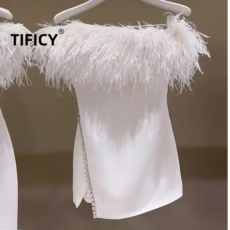

White Temperament Gentle Wind Feather Bra Dress Women's Summer High Grade Elegant Atmosphere Diamond Embedding Dress