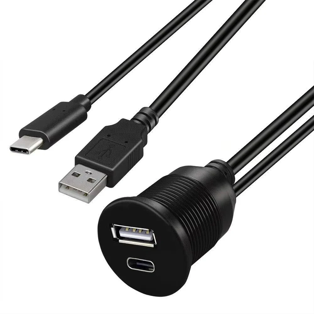 1M USB-A & C타입 연장 케이블 듀얼 포트 남성-여성 플러시 마운트 패널 방수 코드 (자동차 대시보드, 보트, 오토바이용)