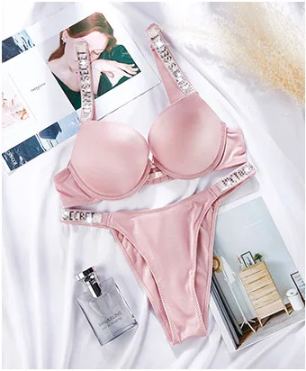 sheer bra and panty sets Sexy Bra and Panty Set Women Rhinestone Letters Cotton Lace Bralette Elegant Ladies Push Up Underwear Lingerie Plus Size cotton bra and panty sets Bra & Brief Sets