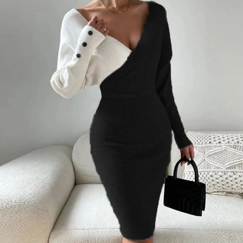 

Sexy Deep V-Button Long Sleeve Slim Dress Women's Fashion Contrast Patchwork Knitted Dress Autumn Elegant Office Wrap Hip Dress