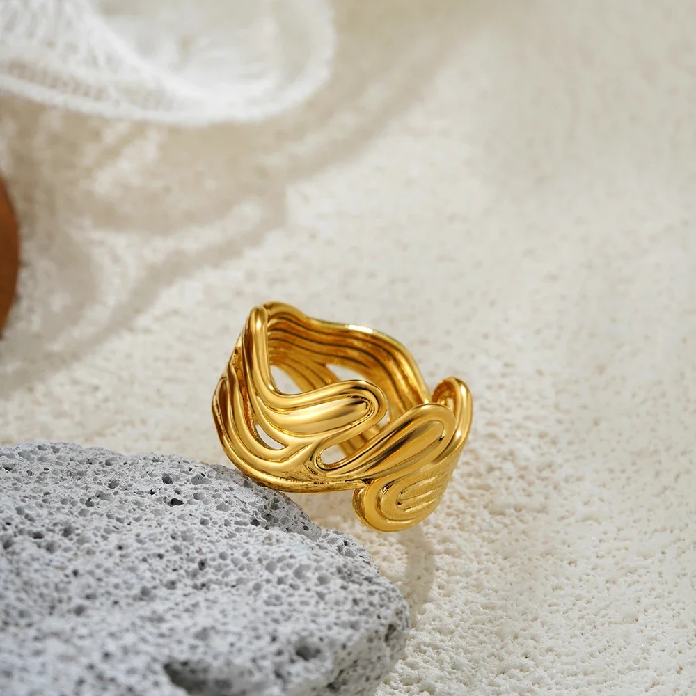 Trend Gold Color Stainless Steel Multi Layer Texture Rings for Women Hollow Wide Finger Ring Wedding Party Jewelry Gift 2025 New