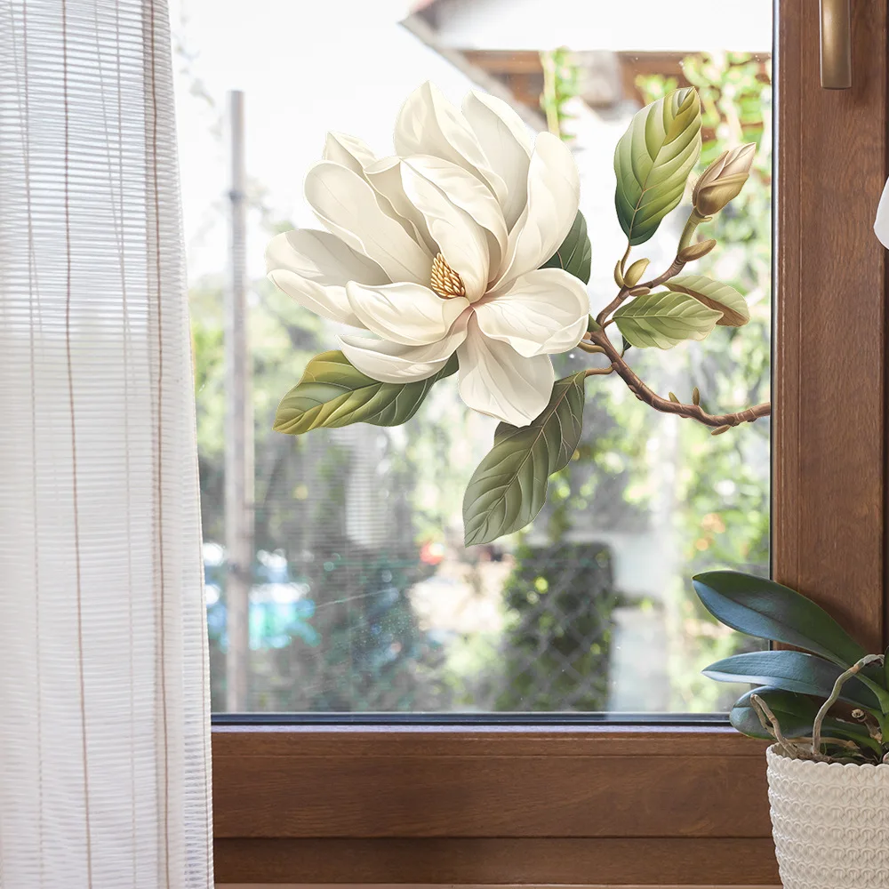 Simple Magnolia Flower PVC Static Mirror Stickers For Window Decoration Room Decor Aesthetic Bathroom Accessories Home Decor