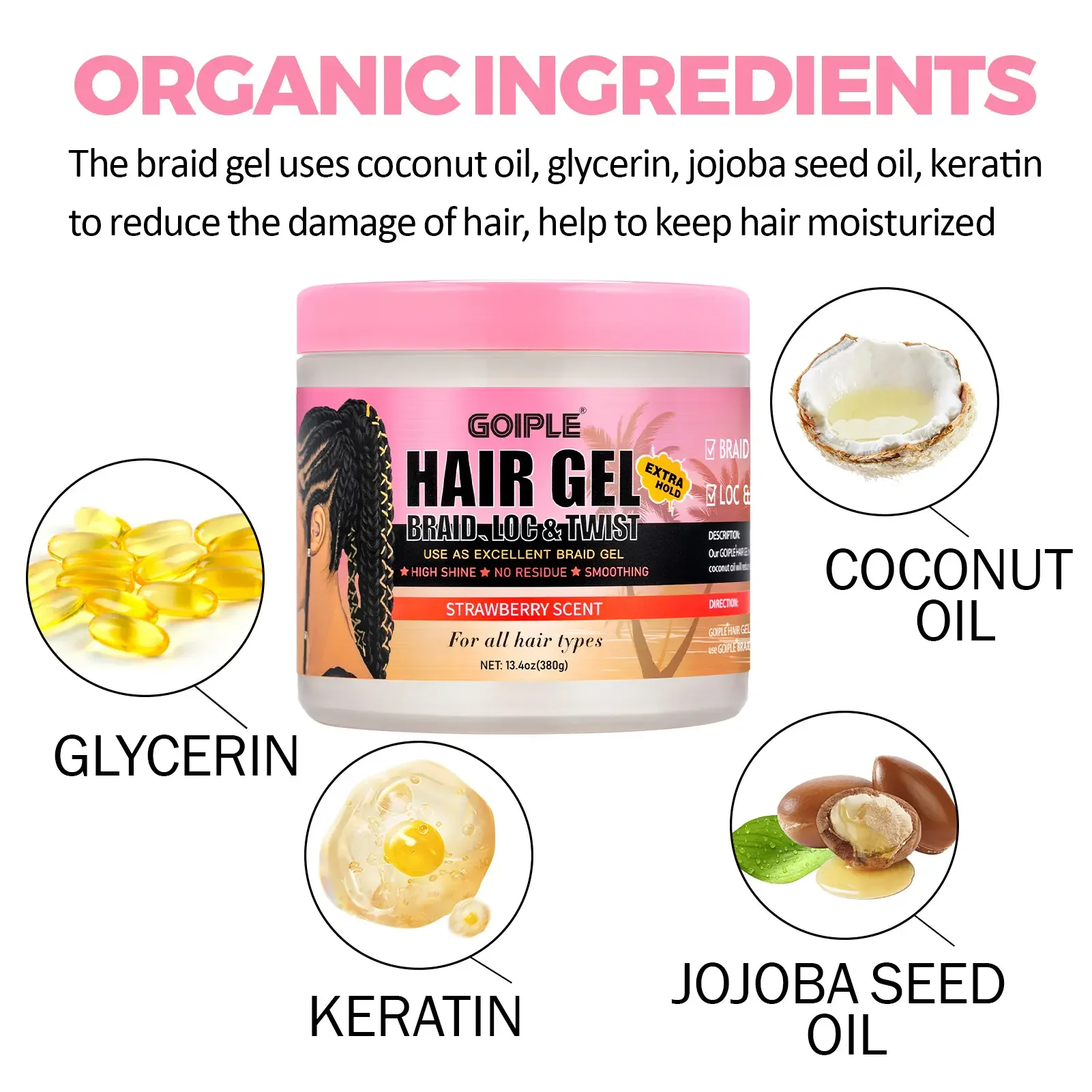 Strawberry Scent Hair Styling Gel High Shine Smooth Braid Twist Strong Hold Long Lasting Non-Flaking 380g