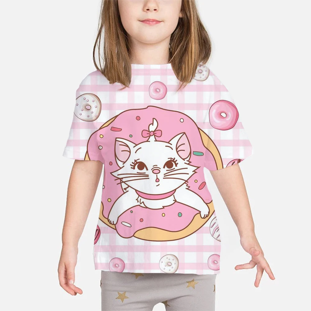 

Beautiful girl T-shirt Disney Marie Cat cartoon print summer T-shirt children cute pink pattern T-shirt round neck cartoon shirt