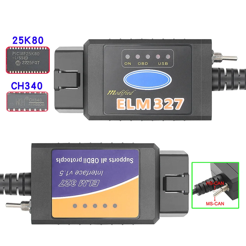 OBD2 ELM327 V1.5 USB Switch OBD Scanner for Focus ELM327 V1.5 PIC18F25K80 Modified Open Hidden for Ford Forscan HS-CAN/MS-CAN 5