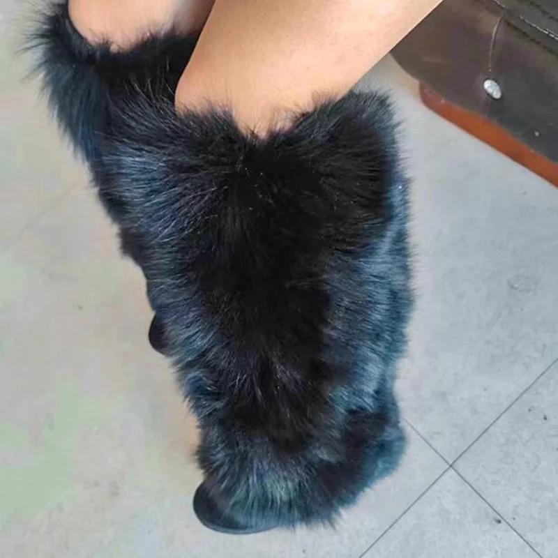 

Warm Fur 8cm Height Increasing Boots Black White Rubber Sole Wedged Heels Winter Snow Boots Slip On Stretch Women Casual Shoes