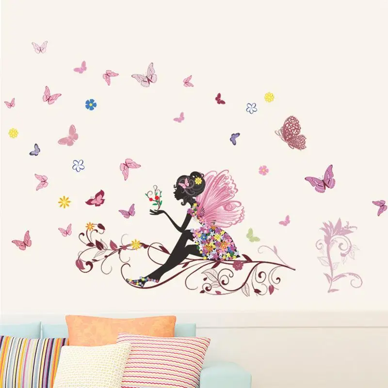 

Angel Girl With Butterfly Flower Wall Decal For Kids Room Bedroom Home Decoration Diy Creative Mural Art Pvc Decal