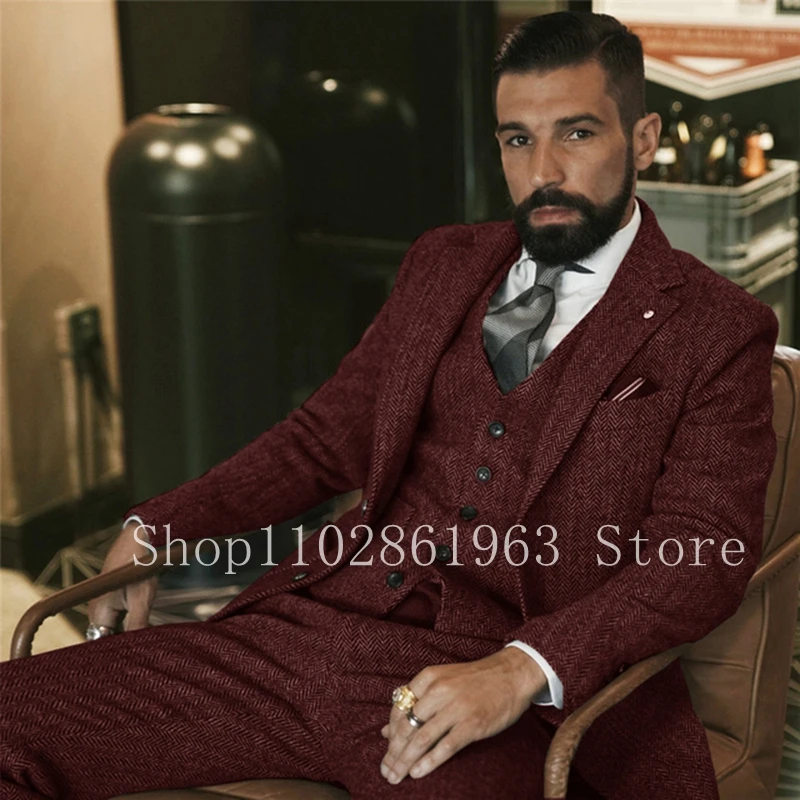 Navy Blue Herringbone Tweed Men Suits Notched Lapel Two Buttons 3 Pieces Formal Best Men Tuexdos For Wedding Trajes De Hombre