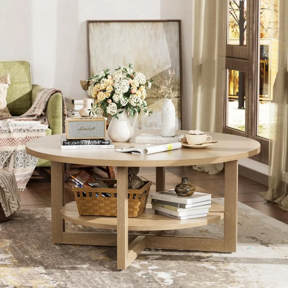 2-Tier Solid Wooden Circle Coffee Table for Living Room, Circular Rustic Farmhouse Coffee Table with Storage Shelf 4