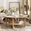 2-Tier Solid Wooden Circle Coffee Table for Living Room, Circular Rustic Farmhouse Coffee Table with Storage Shelf 4