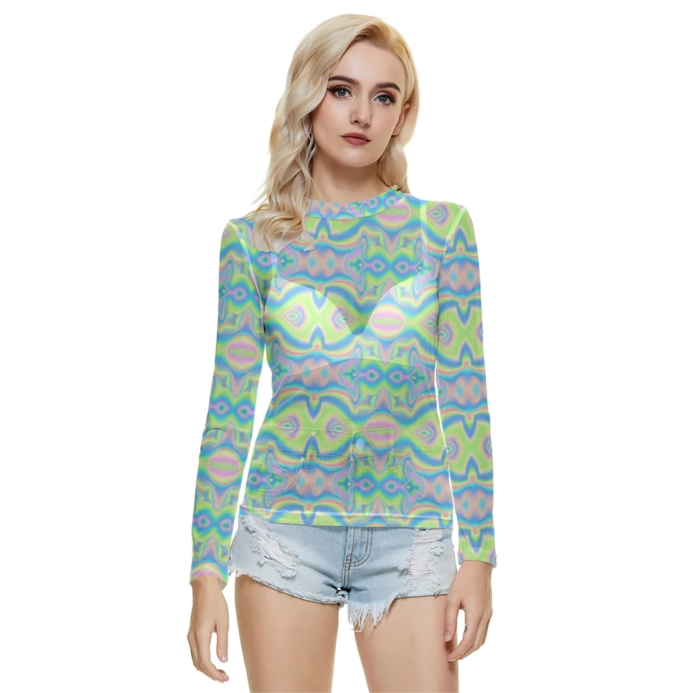 

Women Fashion Sexy Net Gauze Perspective Long-sleeved Colorful Art Printing O-neck T-shirt Summer Casual Long sleeved