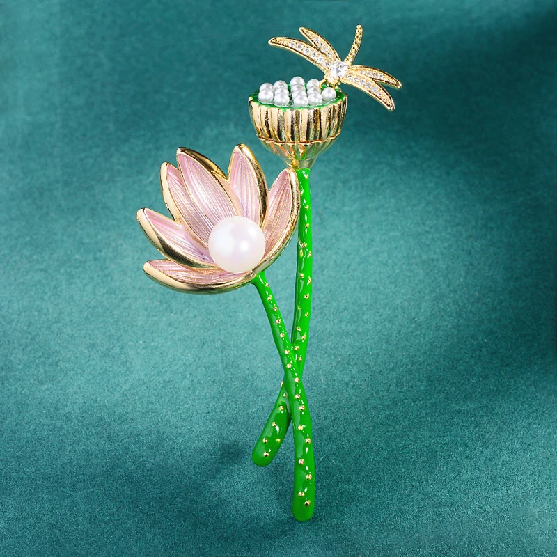 Fashion Enamel Pins Lotus Flower Pearl Zircon Brooches for Women