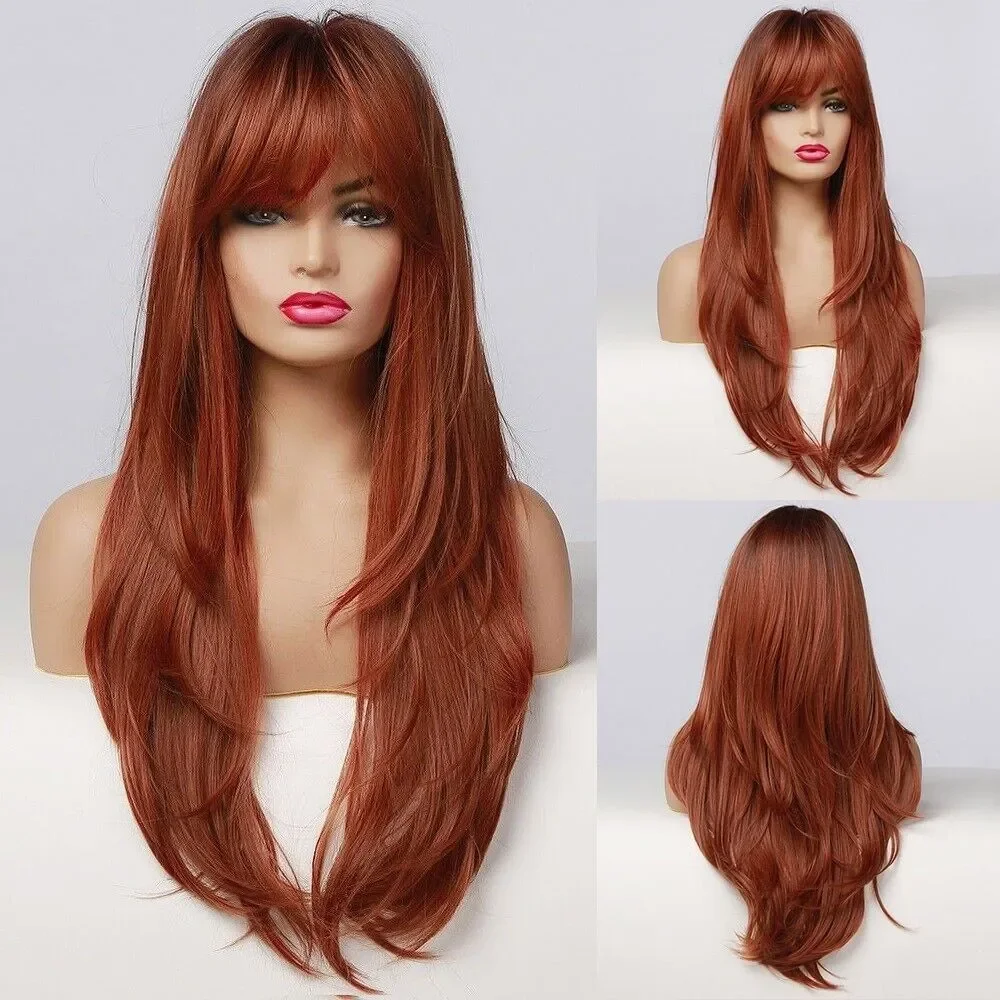 

Женские длинные красные волнистые парики, пушистые вьющиеся челки, термобезопасный синтетический женский парик из искусственных волос