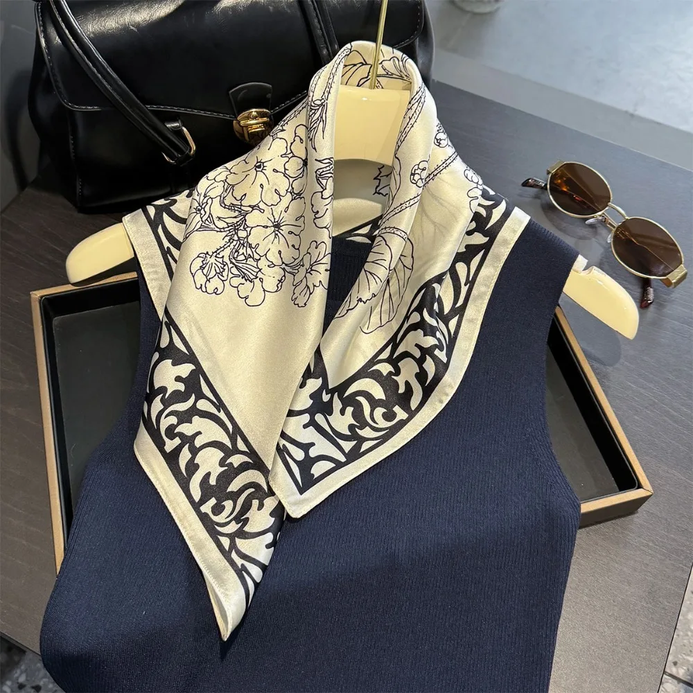 53cm Real Silk Nature Scarf Women Neckerchief Foulard Bandana Small Hairbands Fashion Floral Neck Ties for Office Lady New 5