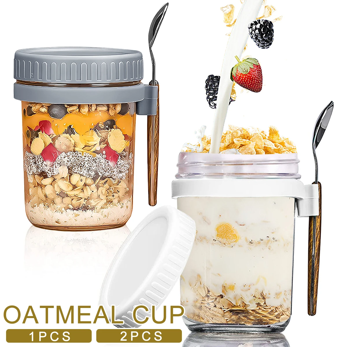 1/2Pcs Breakfast Cup Container 10oz Airtight Oatmeal Jar with Cover and Spoon Portable for Salads Cereal airtight oatmeal jar