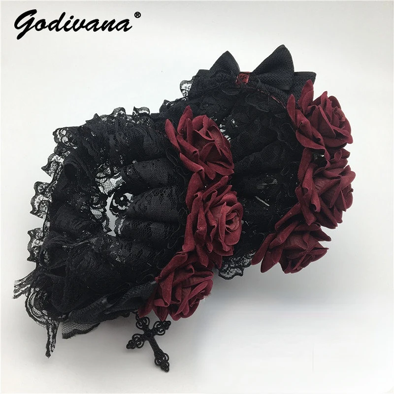 Original Dark Goth Velvet Rose Cross Headband Lolita Headdress Halloween Ornaments Hair Band Hair Accessories For Girls Women rose in glass 11ct stamped cross stitch 35 48cm