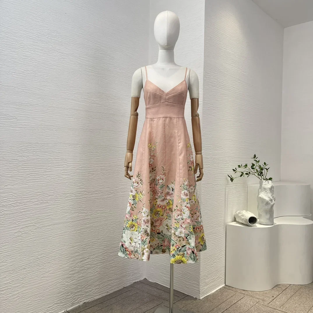 

Pink 2024 Shirred Linen Vintage Daisy Little Floral Printing Sleeveless A-line Women Fashion Clothing White Midi Dress