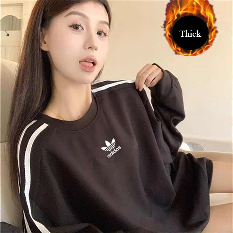 Adidas Men's and Women's Exercise Sweaters, Printing, Added Velvet and Thickening Round Neck Hoodies, Brown/White/Black