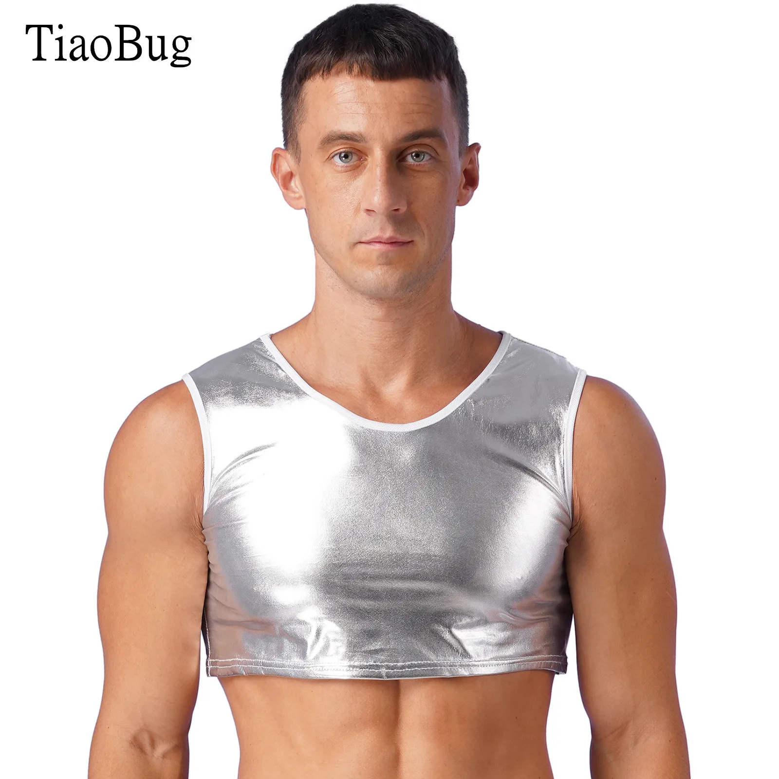 

Mens Metallic Shiny Stage Tank Tops Sleeveless Round Neckline Crop Top Vest for Club Dancing Shows Carnivals