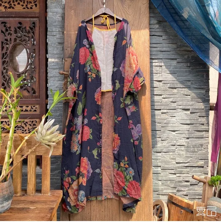 Cotton and Linen Spring and Summer Zen Cardigan Retro National Style Printed Long Trench Coat