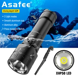 Asafee DV55 50M Underwater Diving Flashlight  XHP50 LED Light Magnetic Switch Torch IPX8 Waterproof Lantern 20W Power Lamp