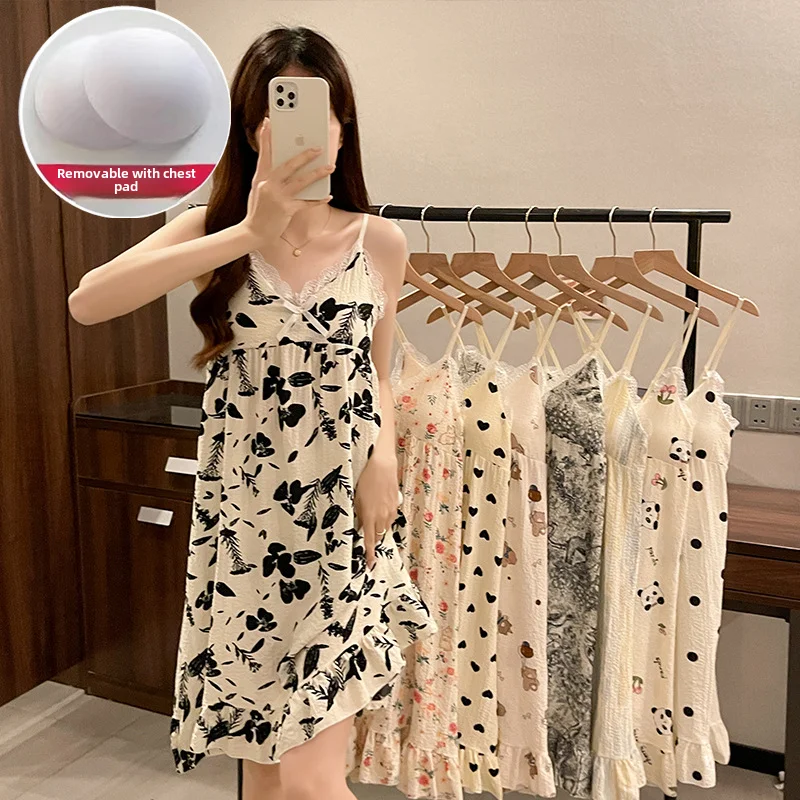 Summer New Tank Top Chest Pad Thin Nightgown Bubble Cotton V-neck Pure Desire Aesthetic Sexy Loose-fit Homewear For Women