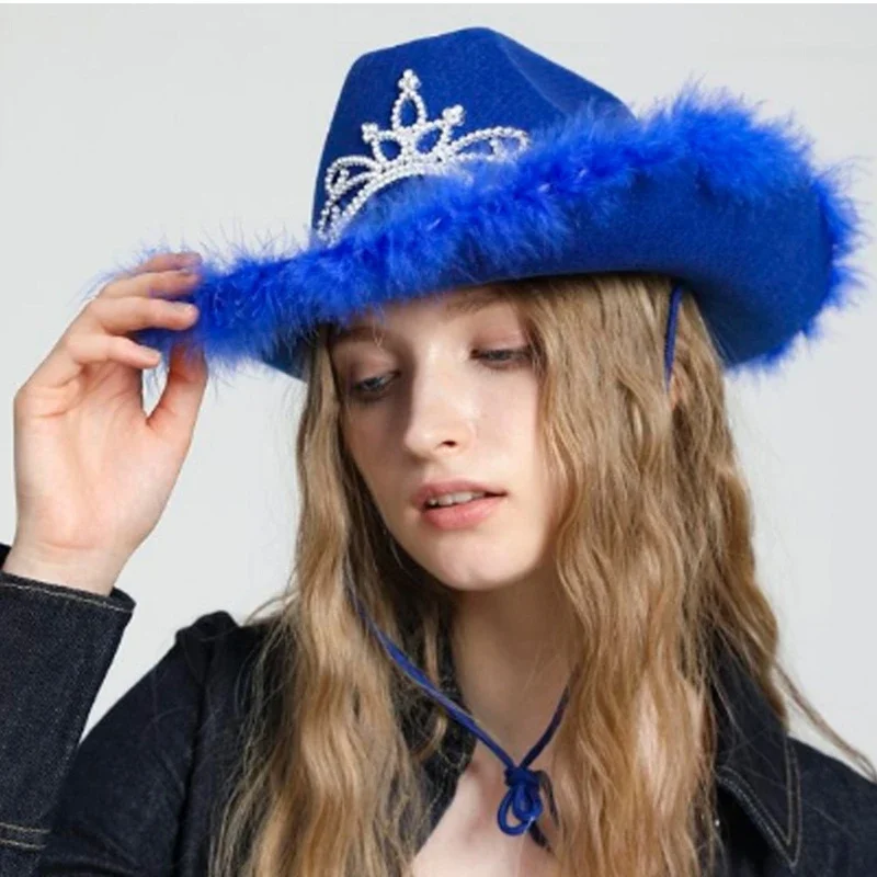 LED Tinsel Brim Cowboy Hat for Women Western Cowboy Hat Church Model Show Rhinestones