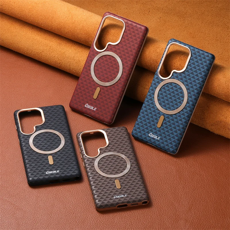 Luxury Leather Magnetic Fiber Texture Phone Case with Wireless Charging and Shockproof Cover