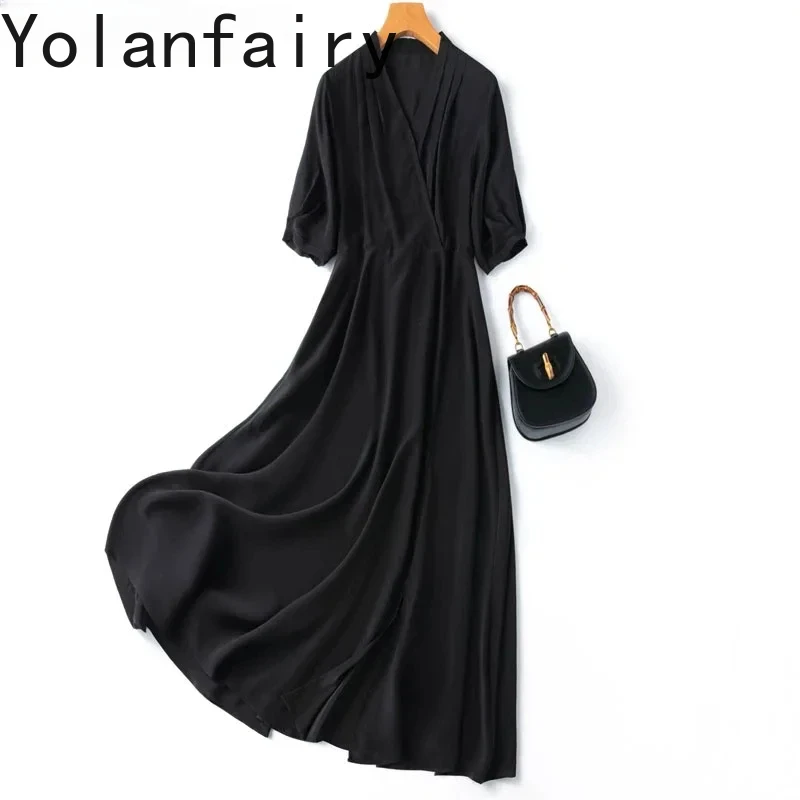 

Women Silk Maxi Dress 100% Mulberry Crepe Silk Solid Color Black V Neck Belted Waist Long Dress Big Hem A-line Dresses M L XL
